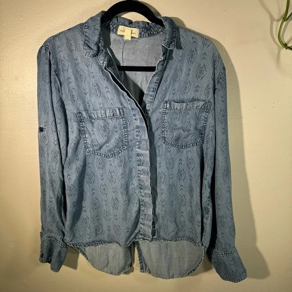 Cloth&Stone Roll Tab Sleeve Blue Tencel Button Up Shirt denim chambray tribal - Picture 2 of 14